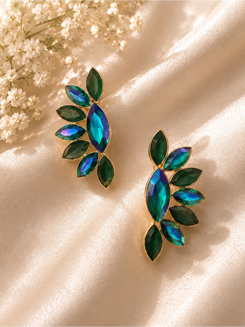 Gold-Setting Blue-Green Marquise Crystal Drop Earrings